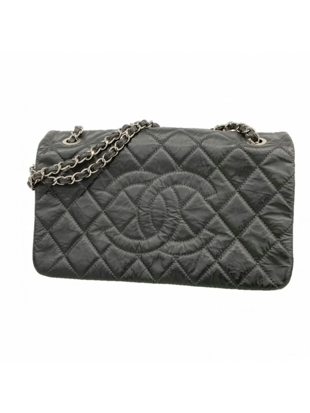 Chanel Shoulder Bag Quilted Leather Black Silver